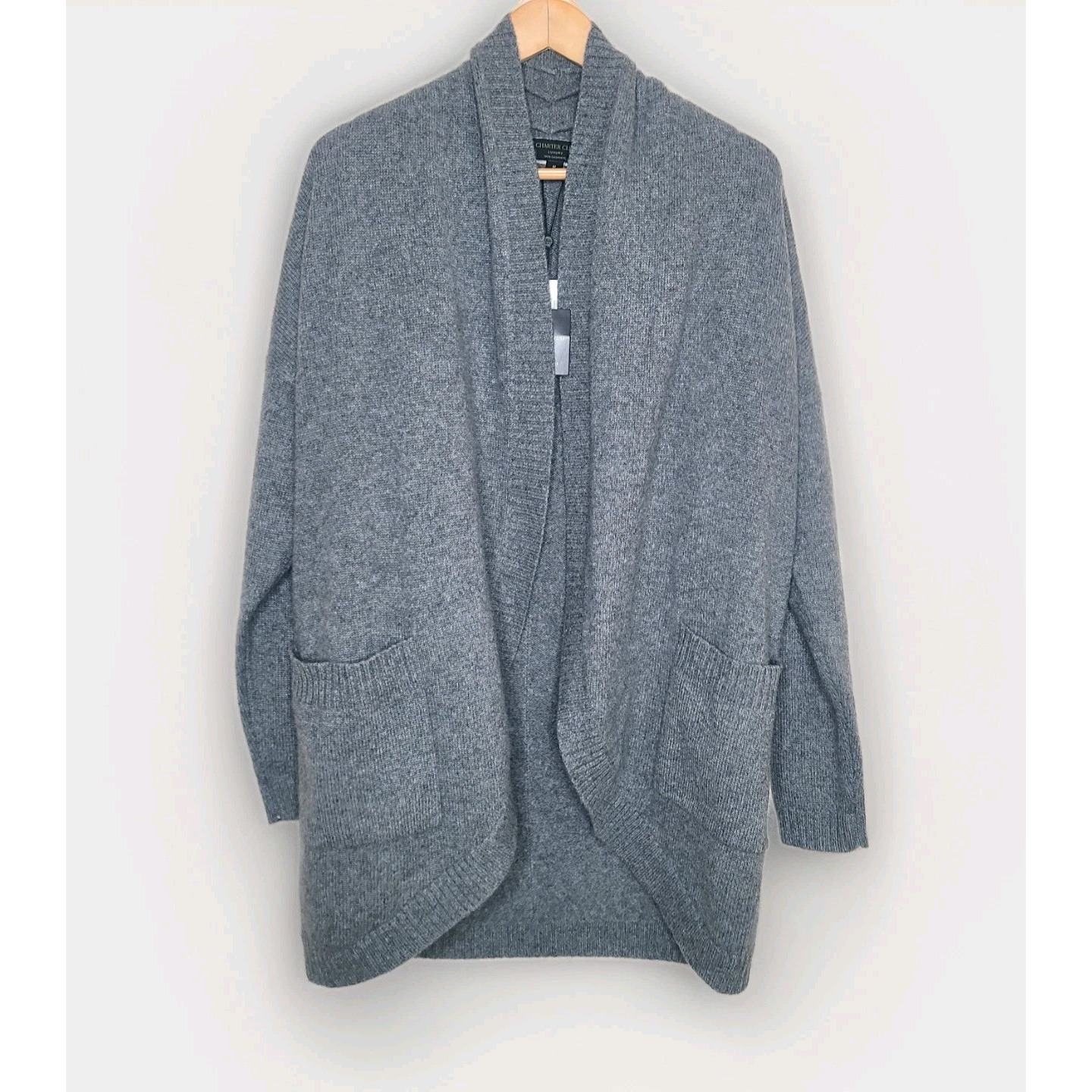 Charter Club Luxury 100% Cashmere Shawl Collar Open Cardigan Pockets Gray M $249